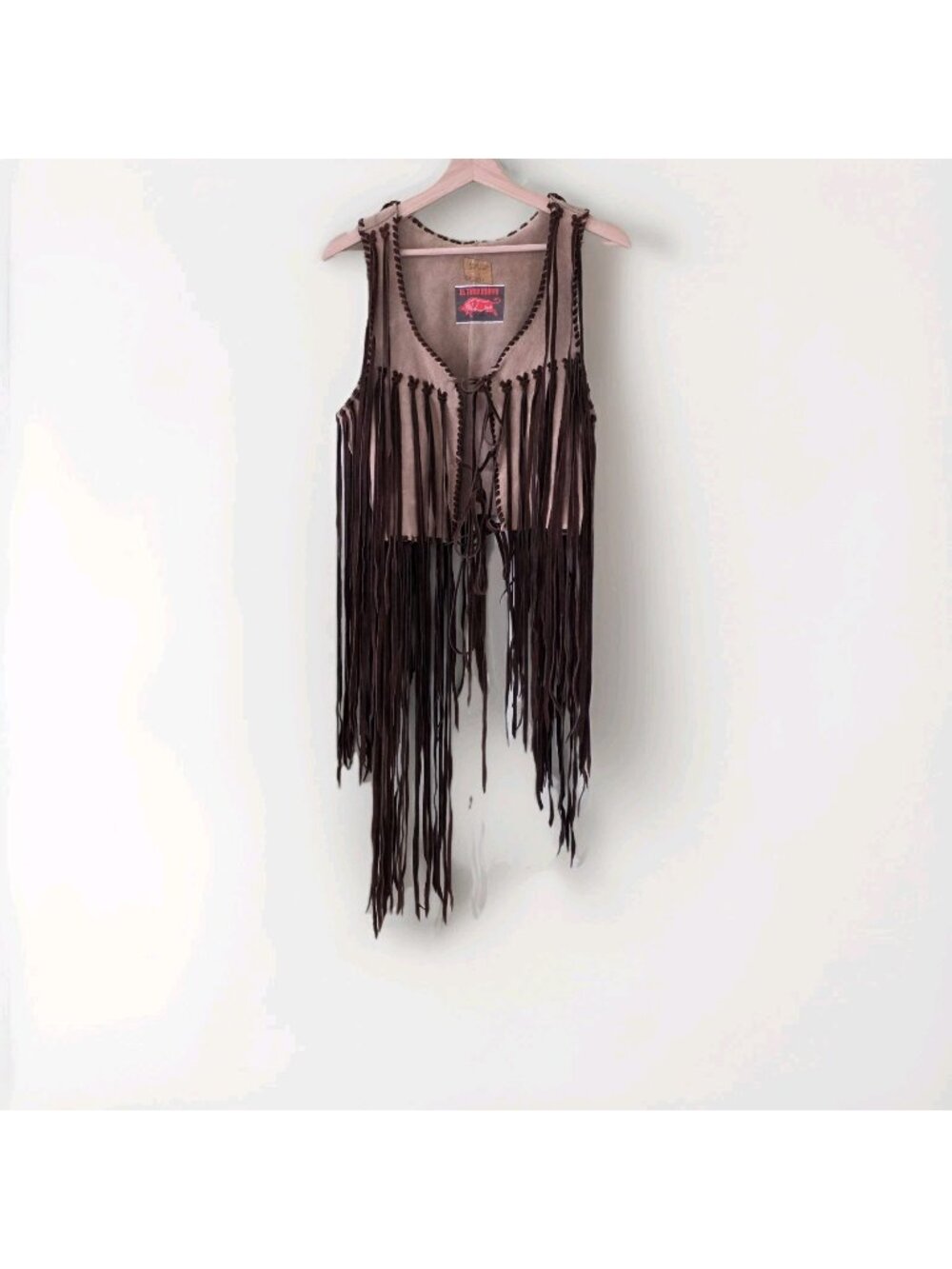 VTG 70s El Toro Bravo Suede Vest S Beige Fringe Western Boho Hippie Mexico FLAW